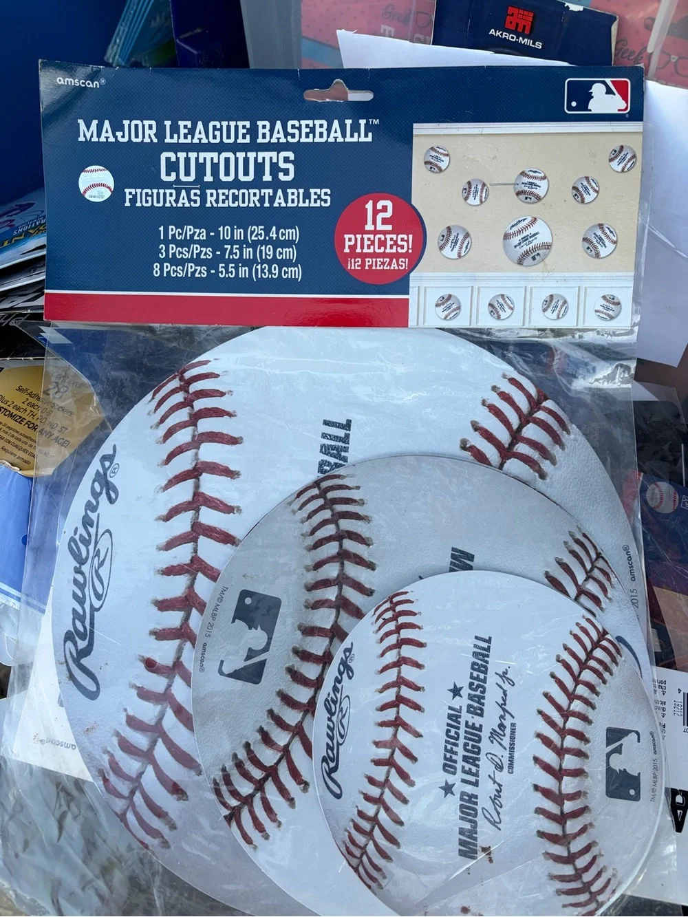 2 for $15 Rawlings White & Red Baseball Cutout Party Decor 2 packs.